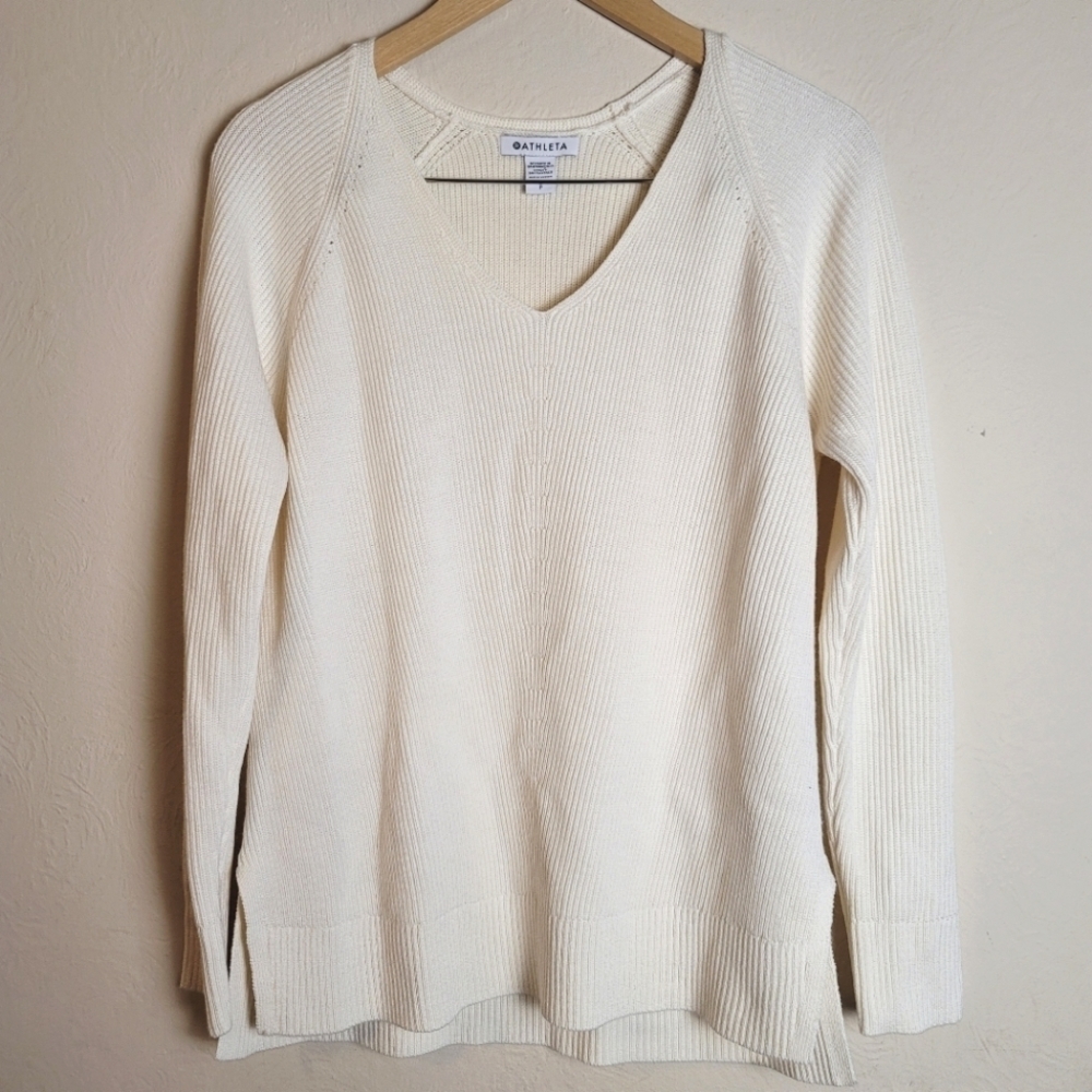 Athleta, Hanover V-Neck Sweater,‎  Ribbed Cream, Size Medium